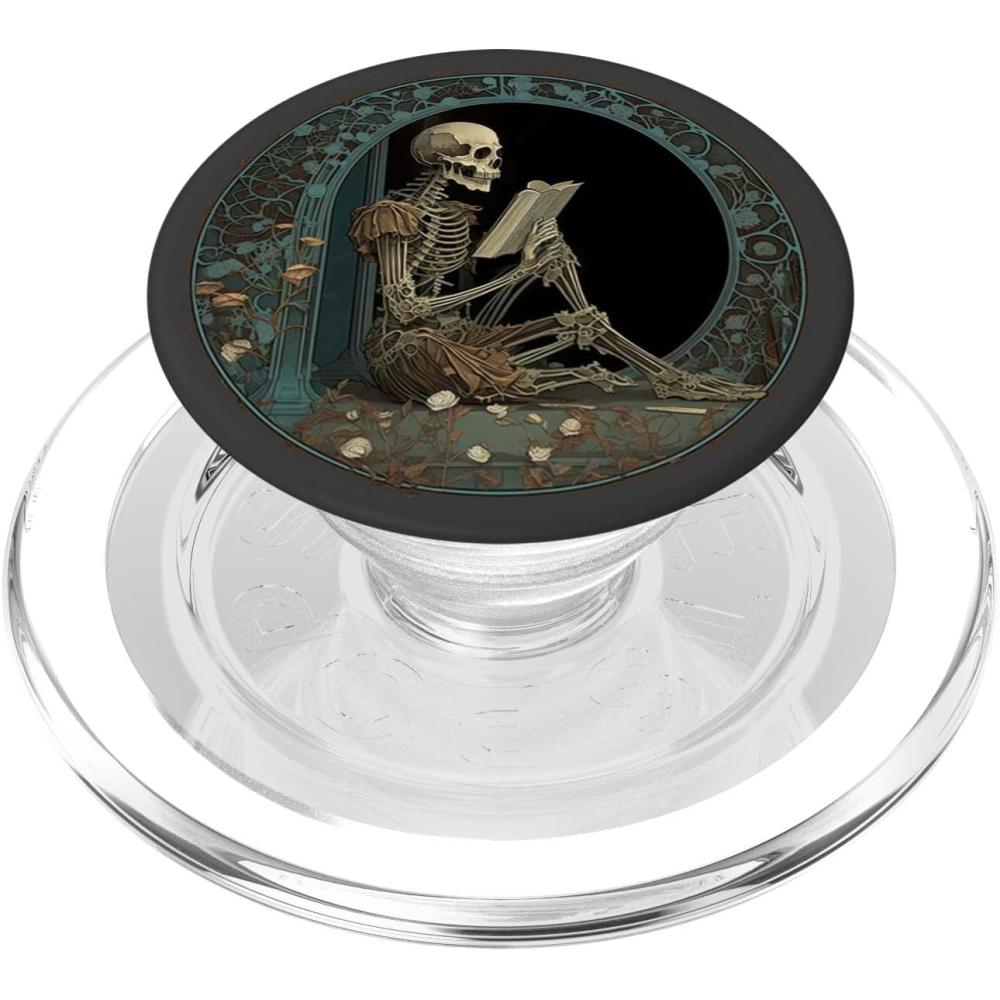 imageCute ampamp Creepy Book Lover Goth Skull Design Co Librarian Skeleton Gothic Goth Book Reading Lover PopSocket Adhesive PopGrip for Smartphones with Smooth Hard Plastic Cases  BlackMagnetic PopGrip