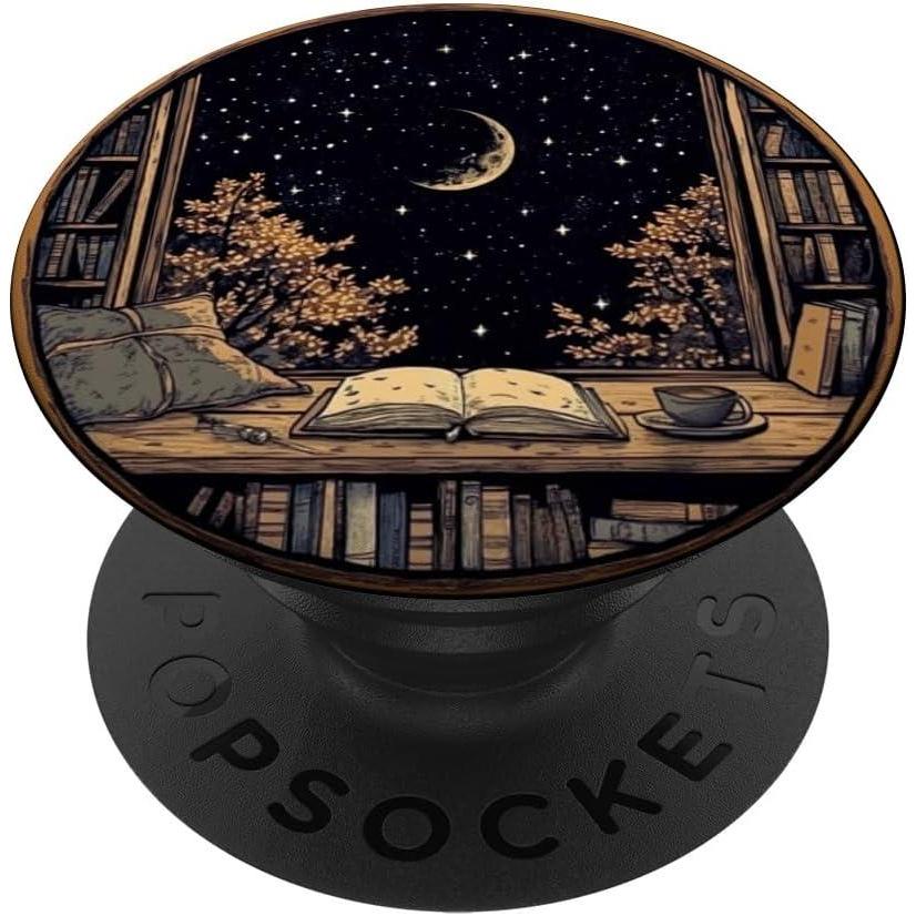 imagemarabonsDesignsForBookFans Moon Book Bookshelf Library Coffee Cup Star Stars Pattern PopSockets Adhesive PopGripAdhesive PopGrip