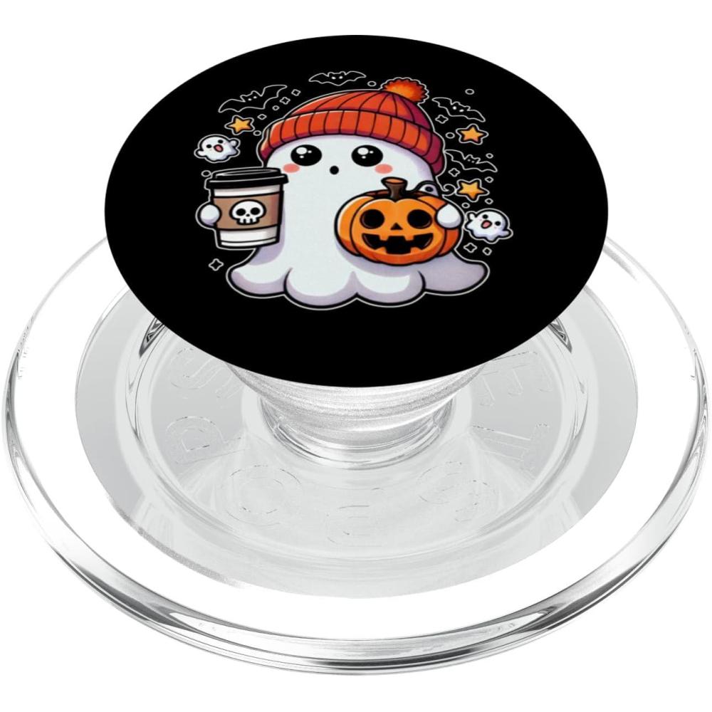 imageCute Halloween Ghost with Pumpkin and Coffee PopSockets Adhesive PopGripMagnetic PopGrip