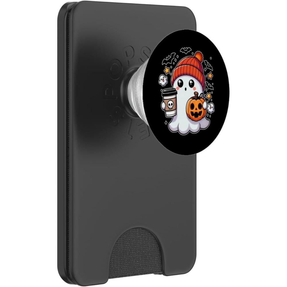 imageCute Halloween Ghost with Pumpkin and Coffee PopSockets Adhesive PopGripMagnetic PopWallet