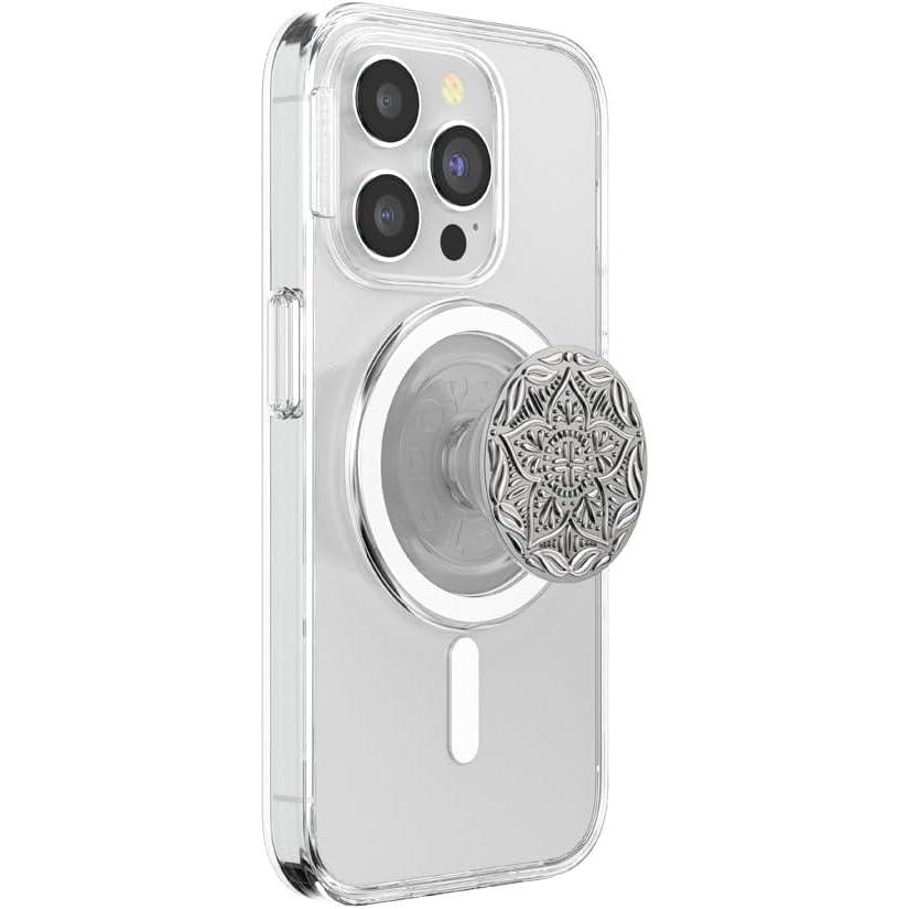 imagePopSockets Phone Grip for MagSafe with Kickstand Magnetic Stand Swappable Top Secure Hold for iPhone MagSafe Cases Phone ampamp Tablet Grip  Enamel Silver Mandala