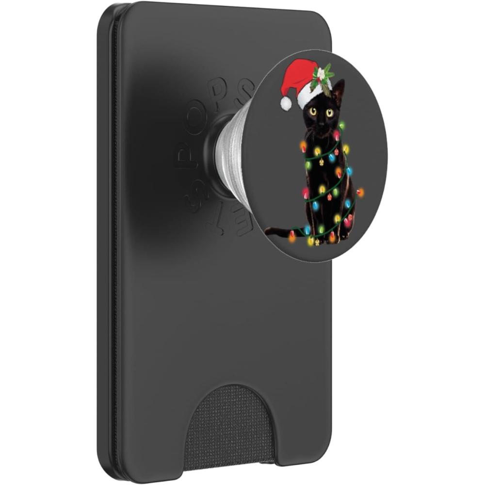 imageBlack Cat Santa Tangled Up in Christmas Lights PopSockets Adhesive PopGripMagnetic PopWallet