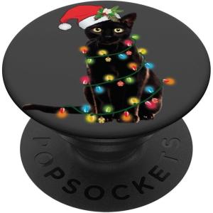 Black Cat Santa Tangled Up in Christmas Lights PopSockets Adhesive PopGrip(Adhesive PopGrip)