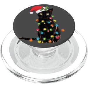 Black Cat Santa Tangled Up in Christmas Lights PopSockets Adhesive PopGrip(Magnetic PopGrip)
