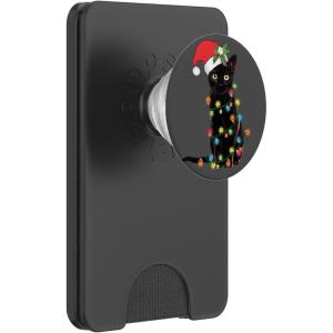 Black Cat Santa Tangled Up in Christmas Lights PopSockets Adhesive PopGrip(Magnetic PopWallet)