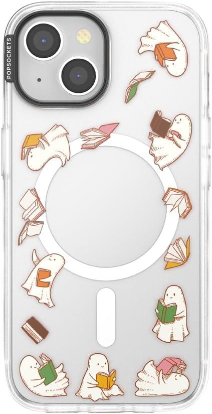 image:imagePopSockets iPhone 14 Plus Case with MagSafe Phone Case for iPhone 14 Plus Grip Sold Separately Wireless Charging Compatible Curled Up with A Good BookSpooky Book Club Clear