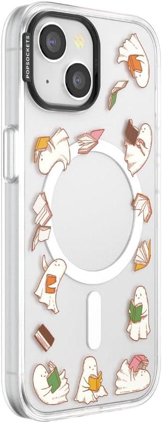 image:imagePopSockets iPhone 14 Plus Case with MagSafe Phone Case for iPhone 14 Plus Grip Sold Separately Wireless Charging Compatible Curled Up with A Good BookSpooky Book Club Clear