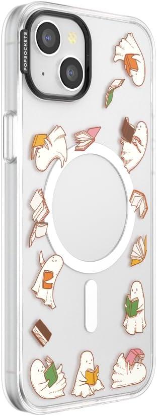 image:imagePopSockets iPhone 14 Plus Case with MagSafe Phone Case for iPhone 14 Plus Grip Sold Separately Wireless Charging Compatible Curled Up with A Good BookSpooky Book Club Clear