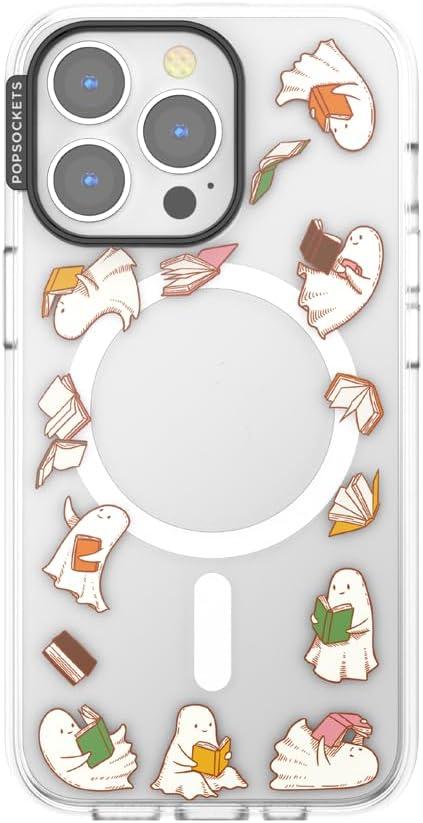 image:imagePopSockets iPhone 14 Plus Case with MagSafe Phone Case for iPhone 14 Plus Grip Sold Separately Wireless Charging Compatible Curled Up with A Good BookSpooky Book Club Clear
