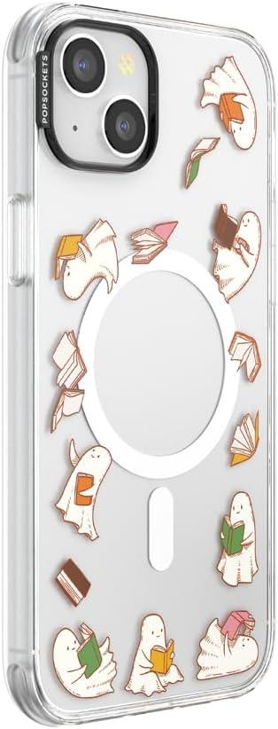 image:imagePopSockets iPhone 14 Plus Case with MagSafe Phone Case for iPhone 14 Plus Grip Sold Separately Wireless Charging Compatible Curled Up with A Good BookSpooky Book Club Clear
