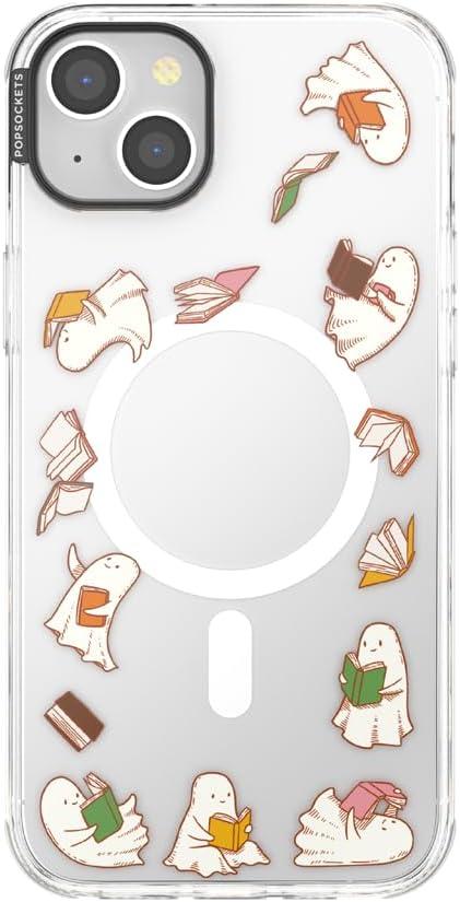 image:imagePopSockets iPhone 14 Plus Case with MagSafe Phone Case for iPhone 14 Plus Grip Sold Separately Wireless Charging Compatible Curled Up with A Good BookSpooky Book Club Clear