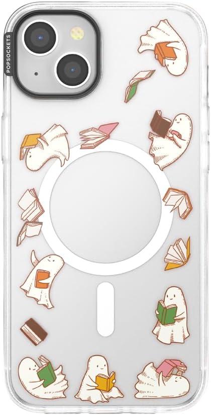 image:imagePopSockets iPhone 14 Plus Case with MagSafe Phone Case for iPhone 14 Plus Grip Sold Separately Wireless Charging Compatible Curled Up with A Good BookSpooky Book Club Clear