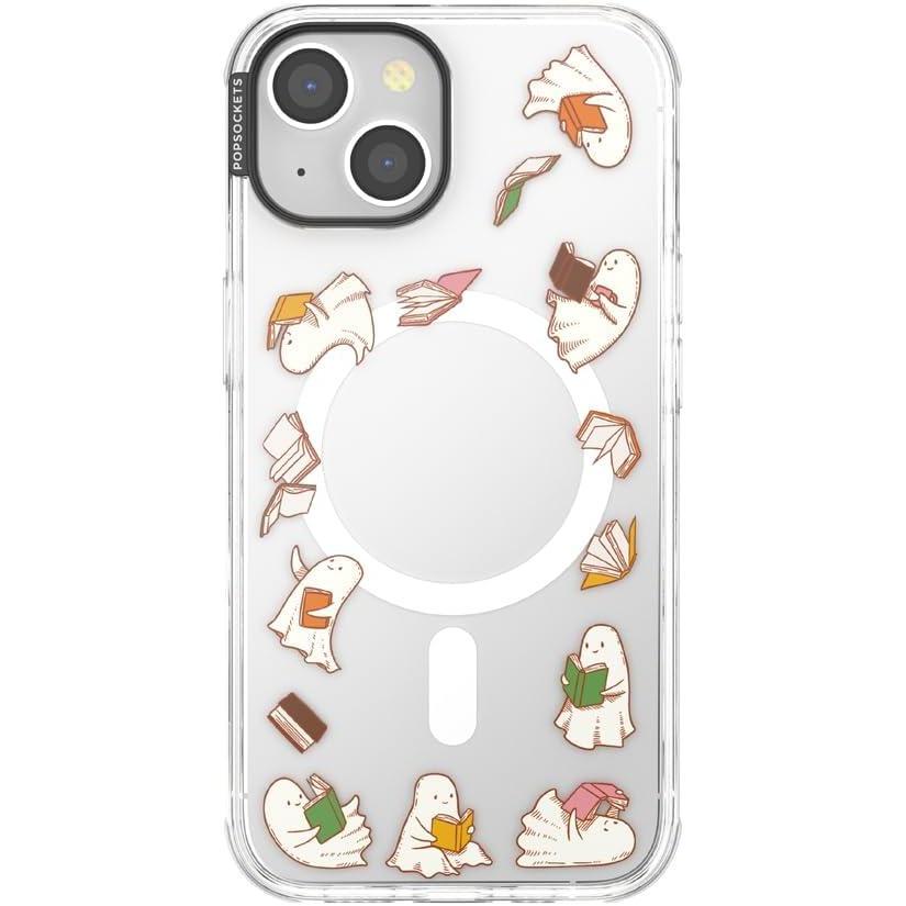 image:imagePopSockets iPhone 14 Plus Case with MagSafe Phone Case for iPhone 14 Plus Grip Sold Separately Wireless Charging Compatible Curled Up with A Good BookSpooky Book Club Clear