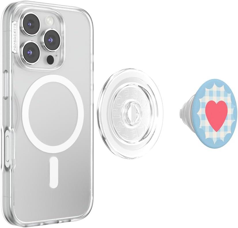image:imagePopSockets Phone Grip for MagSafe with Kickstand Magnetic Stand Swappable Top Secure Hold for iPhone MagSafe Cases Phone amp Tablet Grip Gingham Heart