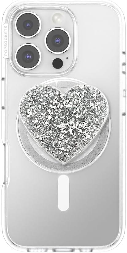 image:imagePopSockets Phone Grip for MagSafe with Kickstand Magnetic Stand Swappable Top Secure Hold for iPhone MagSafe Cases Phone amp Tablet Grip Confetti Heart Silver Sizzle
