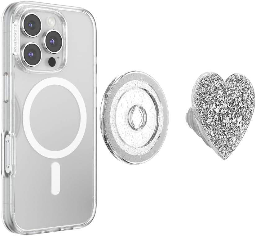 image:imagePopSockets Phone Grip for MagSafe with Kickstand Magnetic Stand Swappable Top Secure Hold for iPhone MagSafe Cases Phone amp Tablet Grip Confetti Heart Silver Sizzle