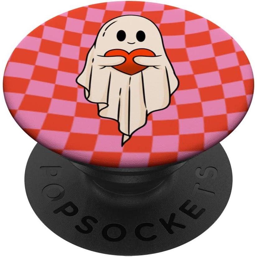 image:imageValentine Retro Ghost Hugging Heart Checkerboard Pink Red PopSockets Adhesive PopGripAdhesive PopGrip
