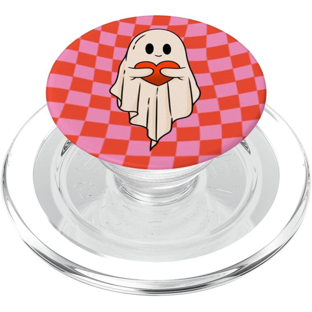 image:imageValentine Retro Ghost Hugging Heart Checkerboard Pink Red PopSockets Adhesive PopGripMagnetic PopGrip