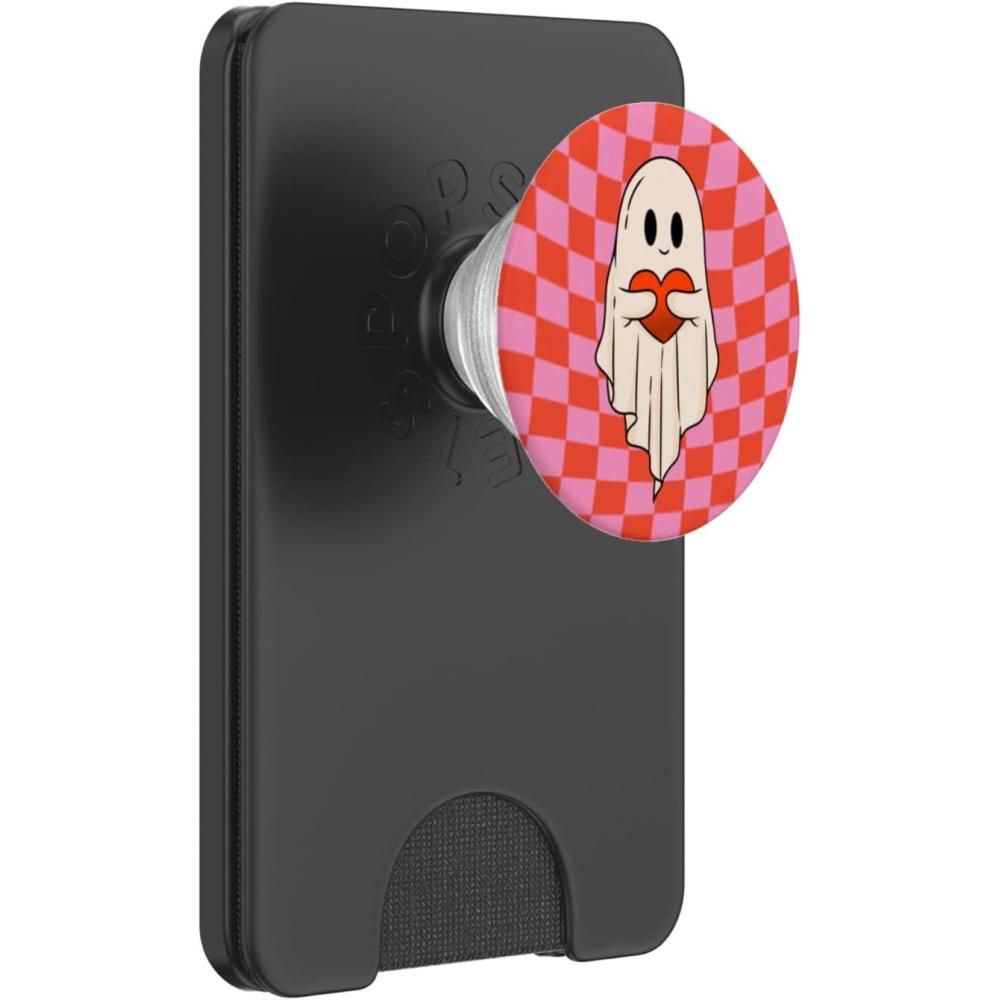 image:imageValentine Retro Ghost Hugging Heart Checkerboard Pink Red PopSockets Adhesive PopGripMagnetic PopWallet