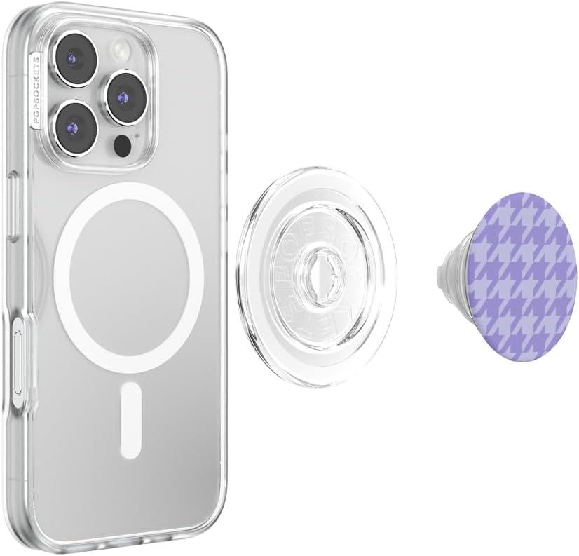 image:imagePopSockets Phone Grip for MagSafe with Kickstand Magnetic Stand Swappable Top Secure Hold for iPhone MagSafe Cases Phone amp Tablet Grip Lilac Houndstooth