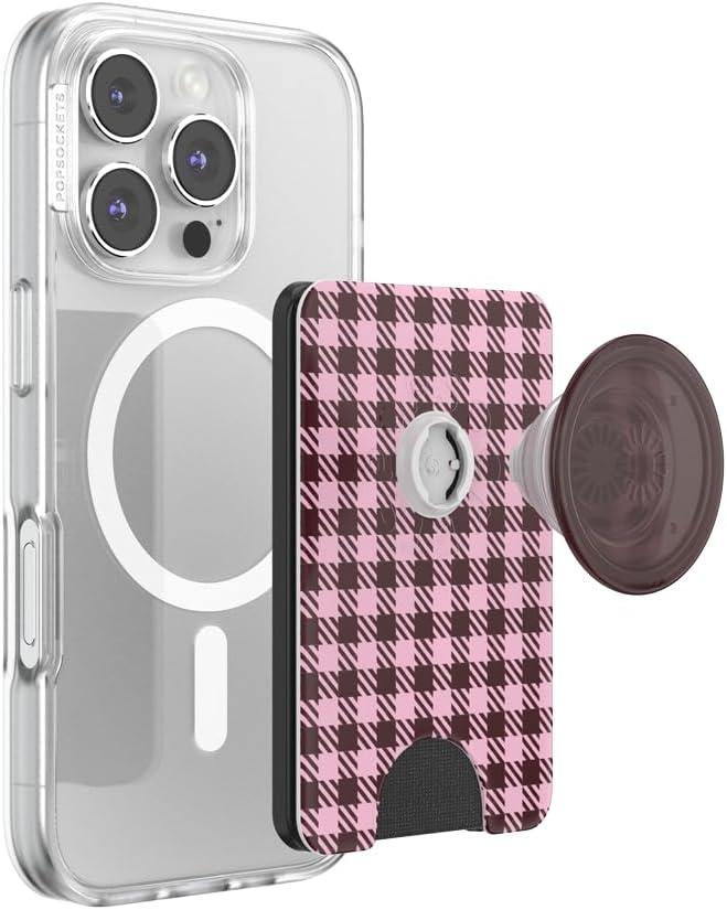 image:imagePopSockets Phone Wallet with Expanding Grip Phone Card Holder Wireless Charging Compatible Wallet Compatible with MagSafe Black Cherry Gingham