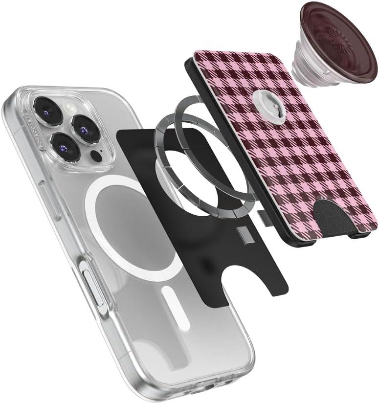 image:imagePopSockets Phone Wallet with Expanding Grip Phone Card Holder Wireless Charging Compatible Wallet Compatible with MagSafe Black Cherry Gingham
