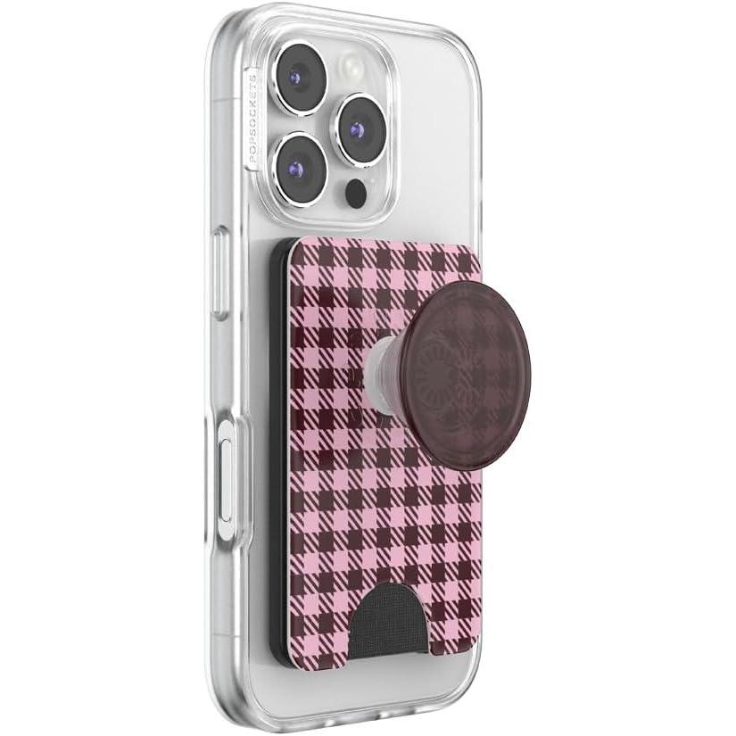 image:imagePopSockets Phone Wallet with Expanding Grip Phone Card Holder Wireless Charging Compatible Wallet Compatible with MagSafe Black Cherry Gingham