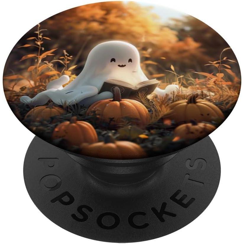 image:imageCute Ghost Reading a Book with Pumpkin at Fall PopSockets Adhesive PopGripAdhesive PopGrip