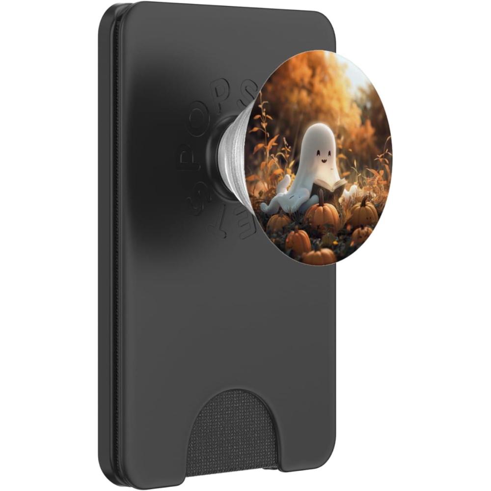image:imageCute Ghost Reading a Book with Pumpkin at Fall PopSockets Adhesive PopGripMagnetic PopWallet
