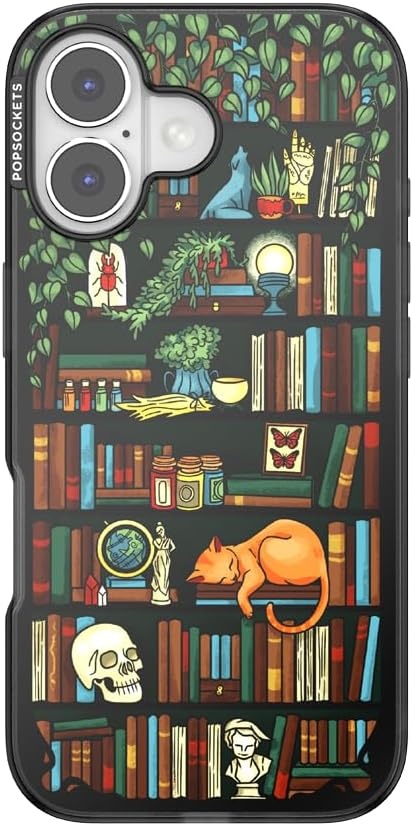 image:imagePopSockets iPhone 16 Phone Case with MagSafe Wireless Charging Compatible Bookish Spooky Book Club SmokeStoried Shelves