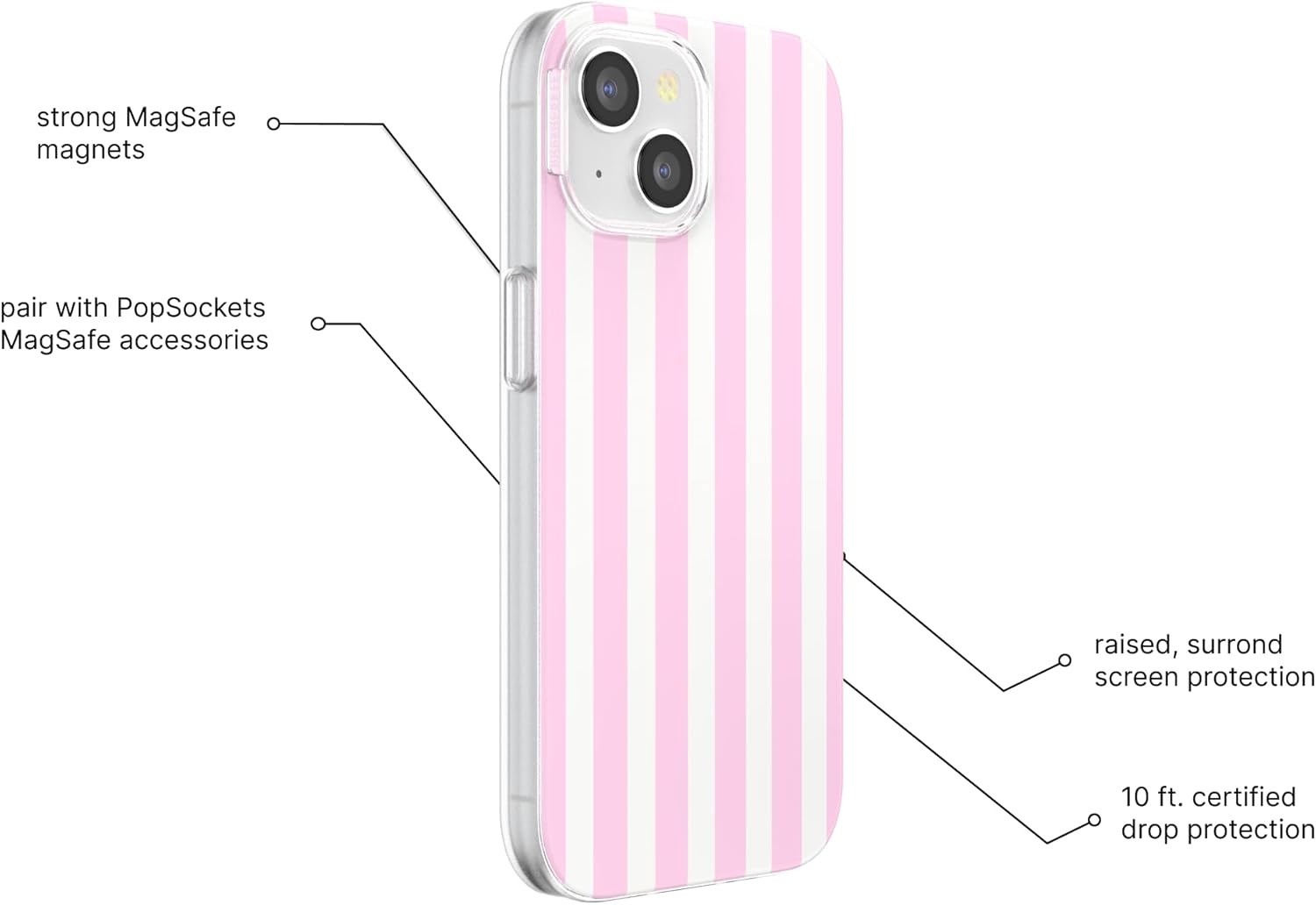 image:imagePopSockets iPhone 16 Phone Case with MagSafe Wireless Charging Compatible Checkered Blush GinghamClub Stripe Pink