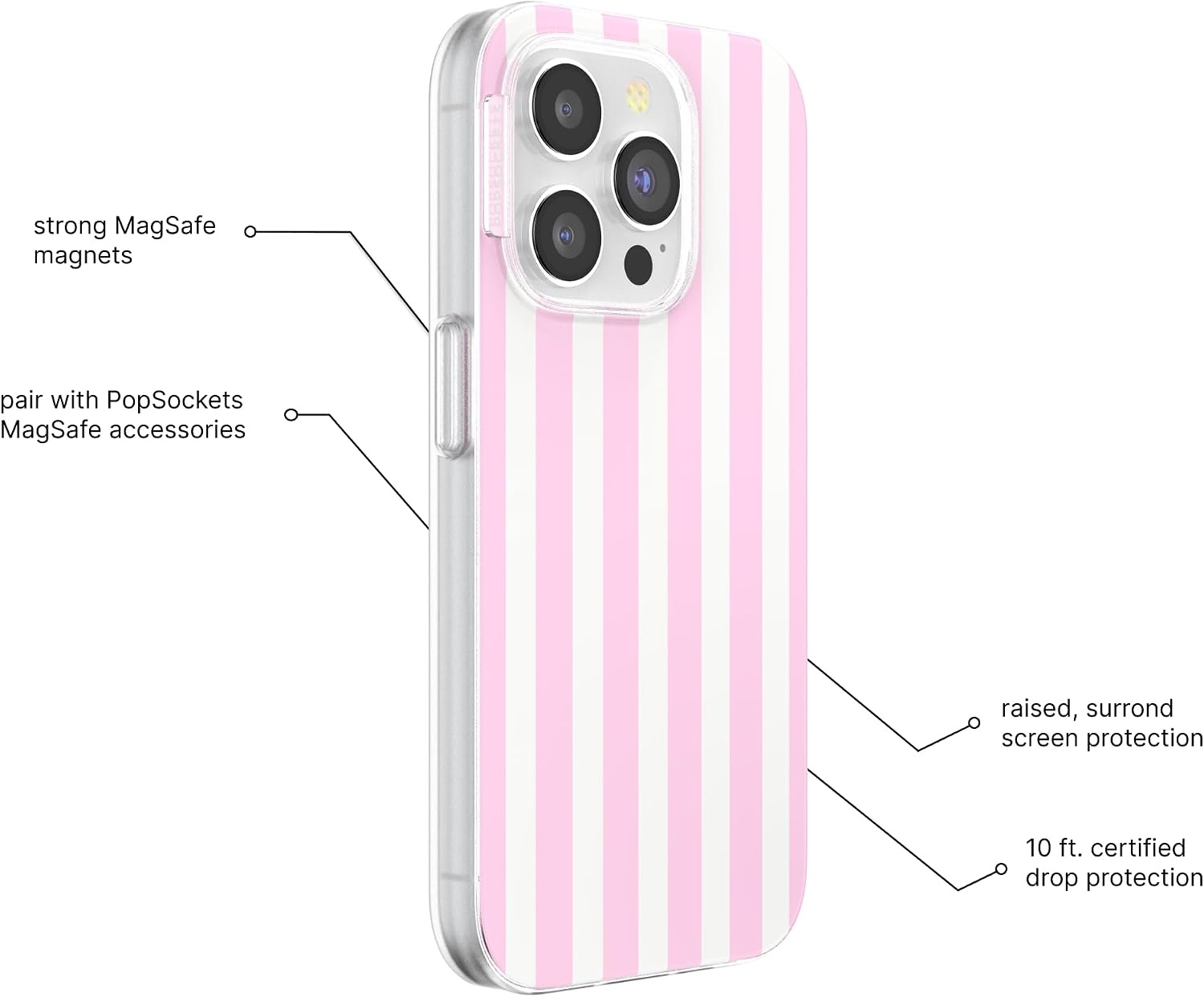 image:imagePopSockets iPhone 16 Phone Case with MagSafe Wireless Charging Compatible Checkered Blush GinghamClub Stripe Pink