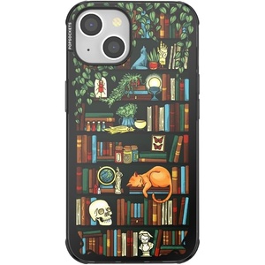 PopSockets iPhone 16 Phone Case with MagSafe, Wireless Charging Compatible, Bookish – Spooky Book Club Smoke(Storied Shelves)